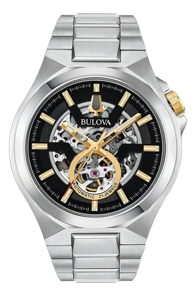 98a224 Reloj Bulova Mecanic Automatic Para Caballero Platead Plateado Plateado Negro Plata