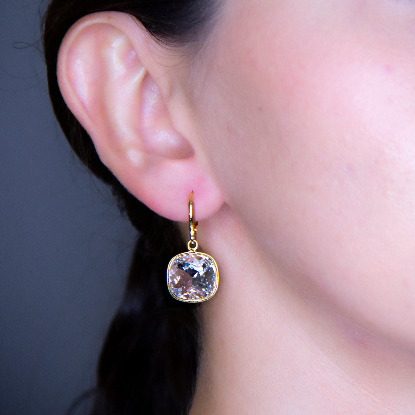 Aretes / Broquel Cuadro Baño Oro 14k Cristal Europeo