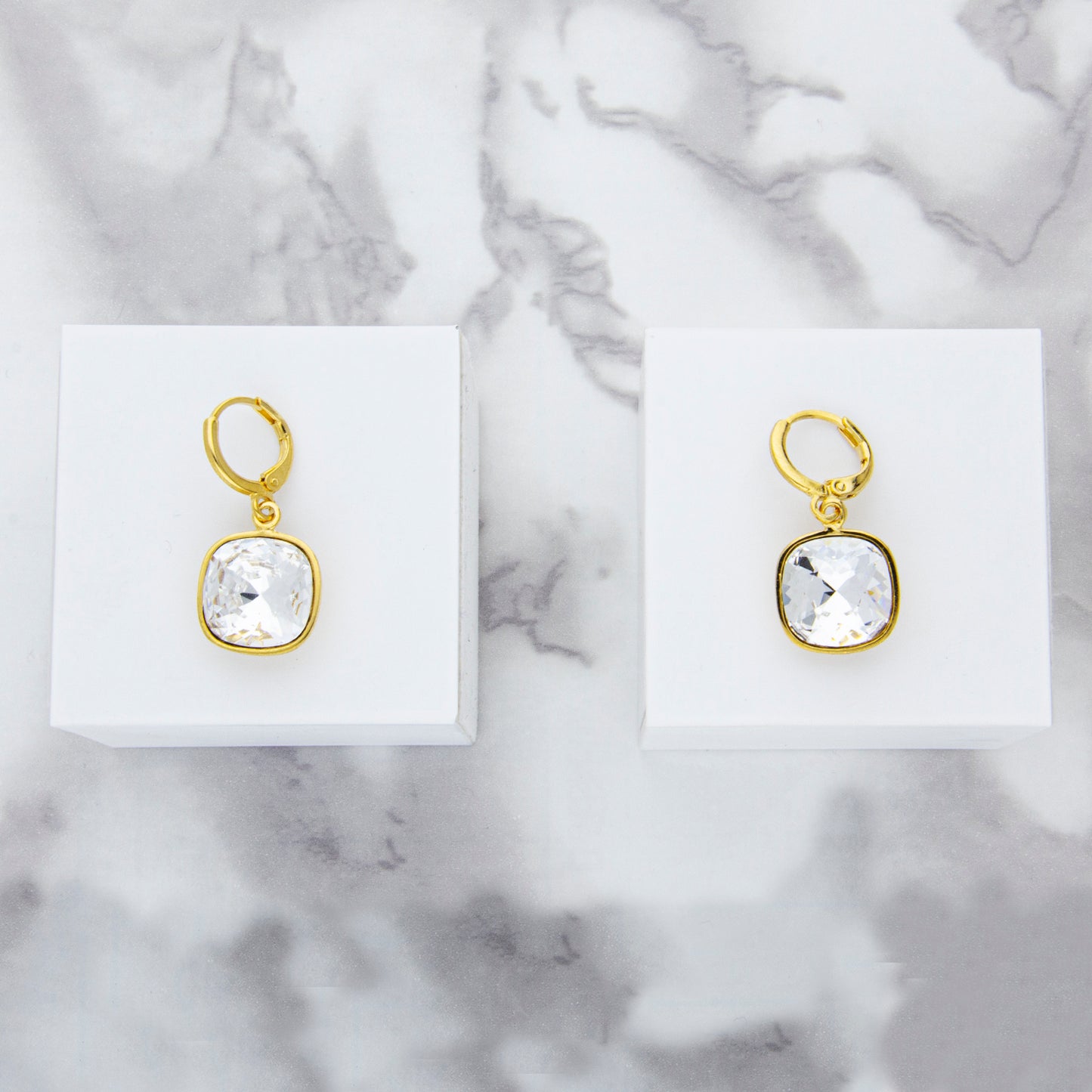 Aretes / Broquel Cuadro Baño Oro 14k Cristal Europeo