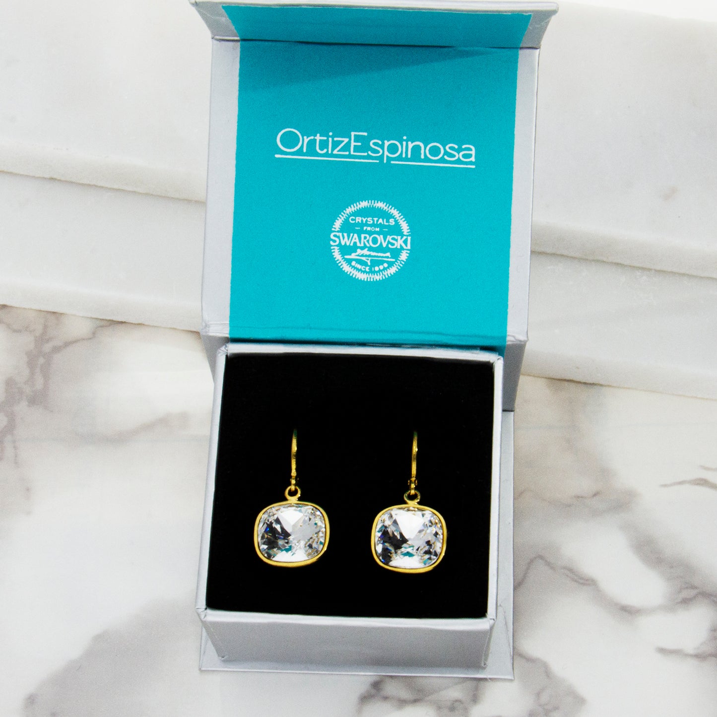 Aretes / Broquel Cuadro Baño Oro 14k Cristal Europeo