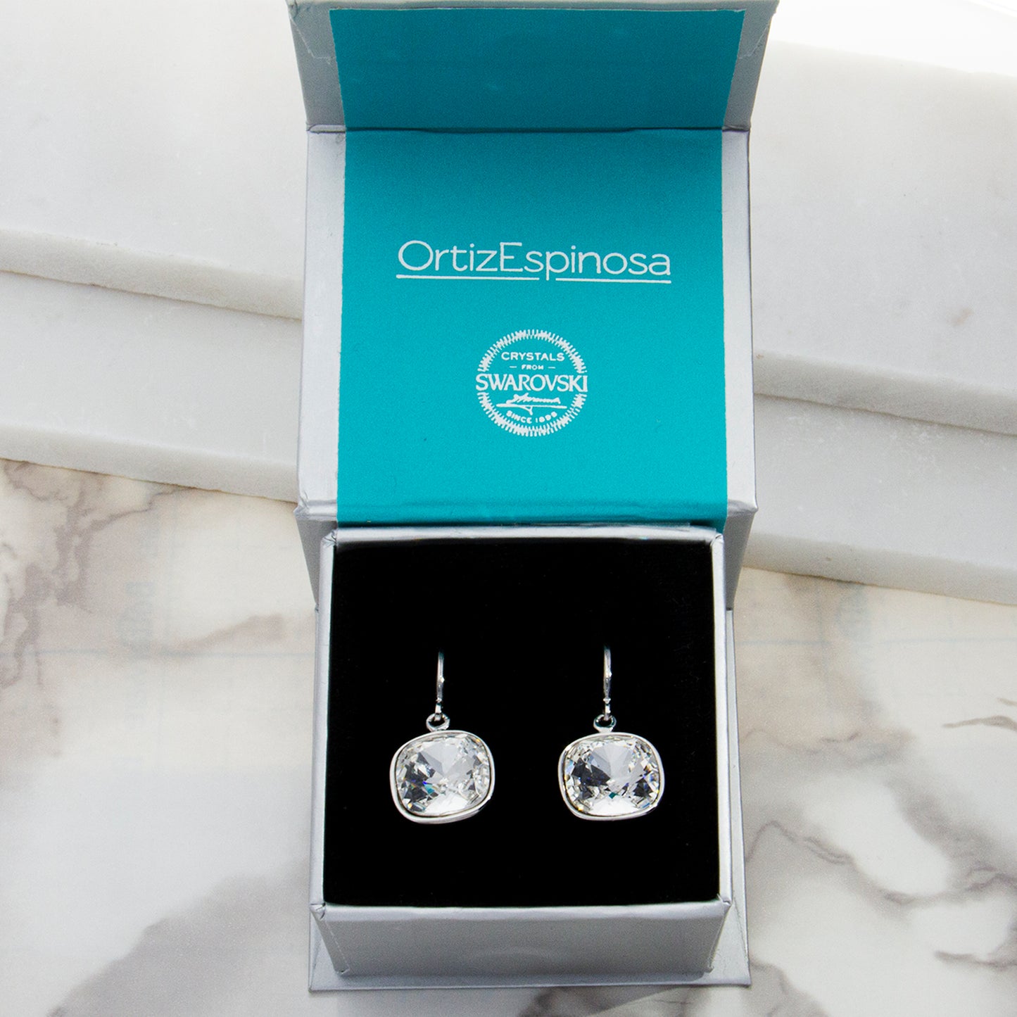 Aretes / Broquel Cuadro Baño Rodio Cristal Europeo