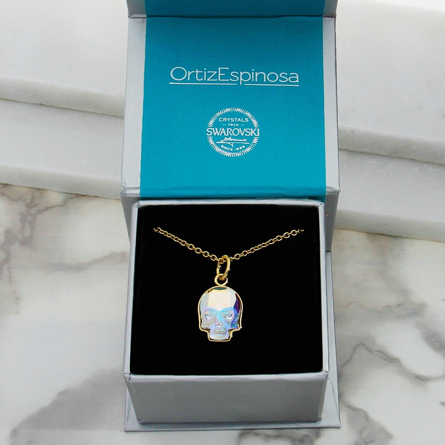 Collar Calavera Baño De Oro 14k | Cristal Europeo Tornasol