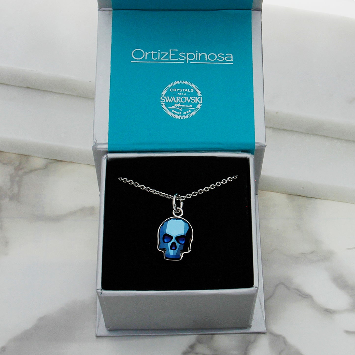 Collar Calavera Baño De Rodio | Cristal Europeo Azul