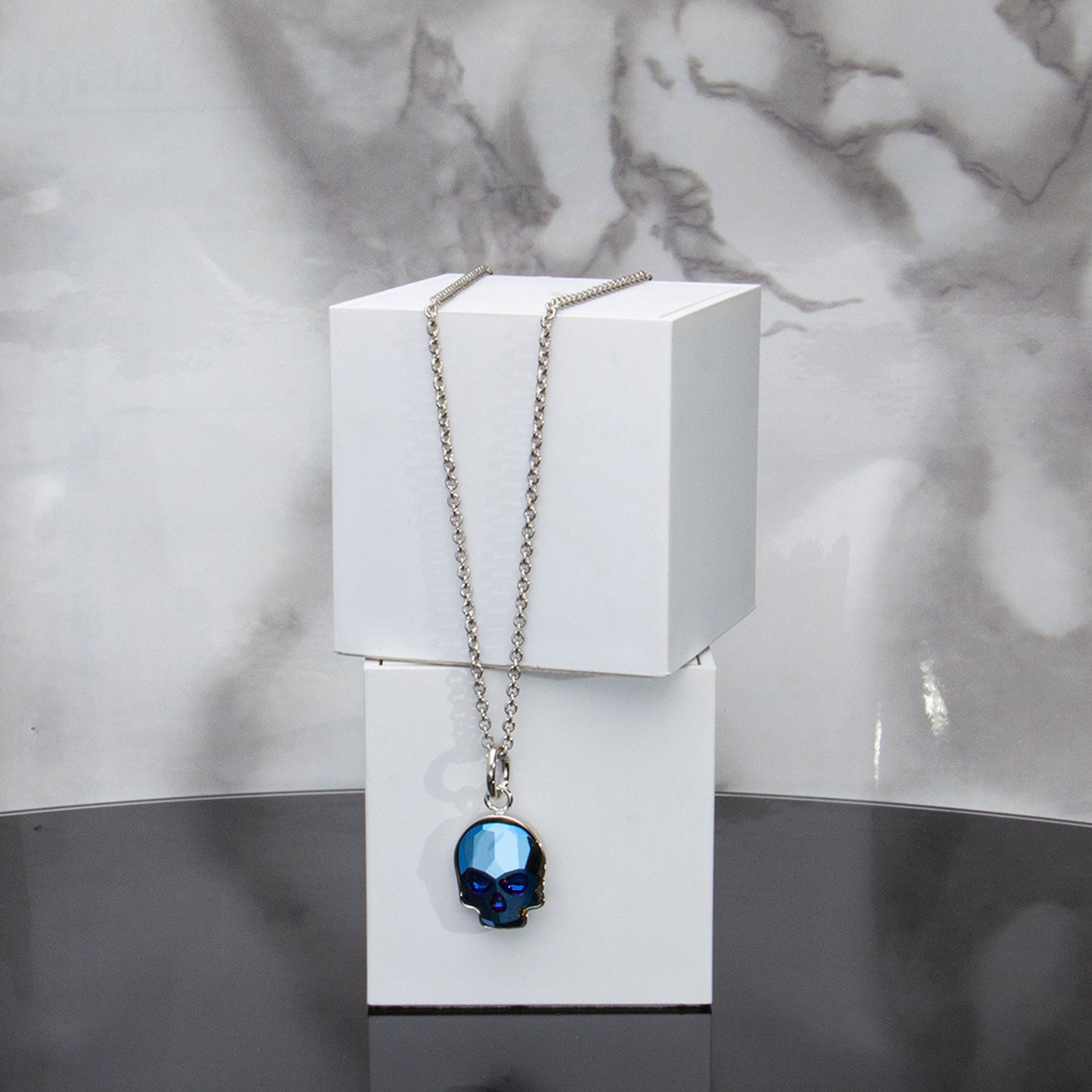 Collar Calavera Baño De Rodio | Cristal Europeo Azul