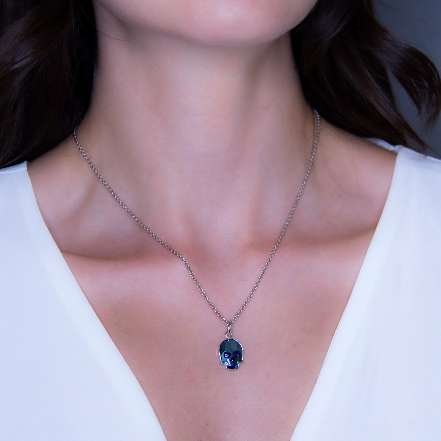 Collar Calavera Baño De Rodio | Cristal Europeo Azul