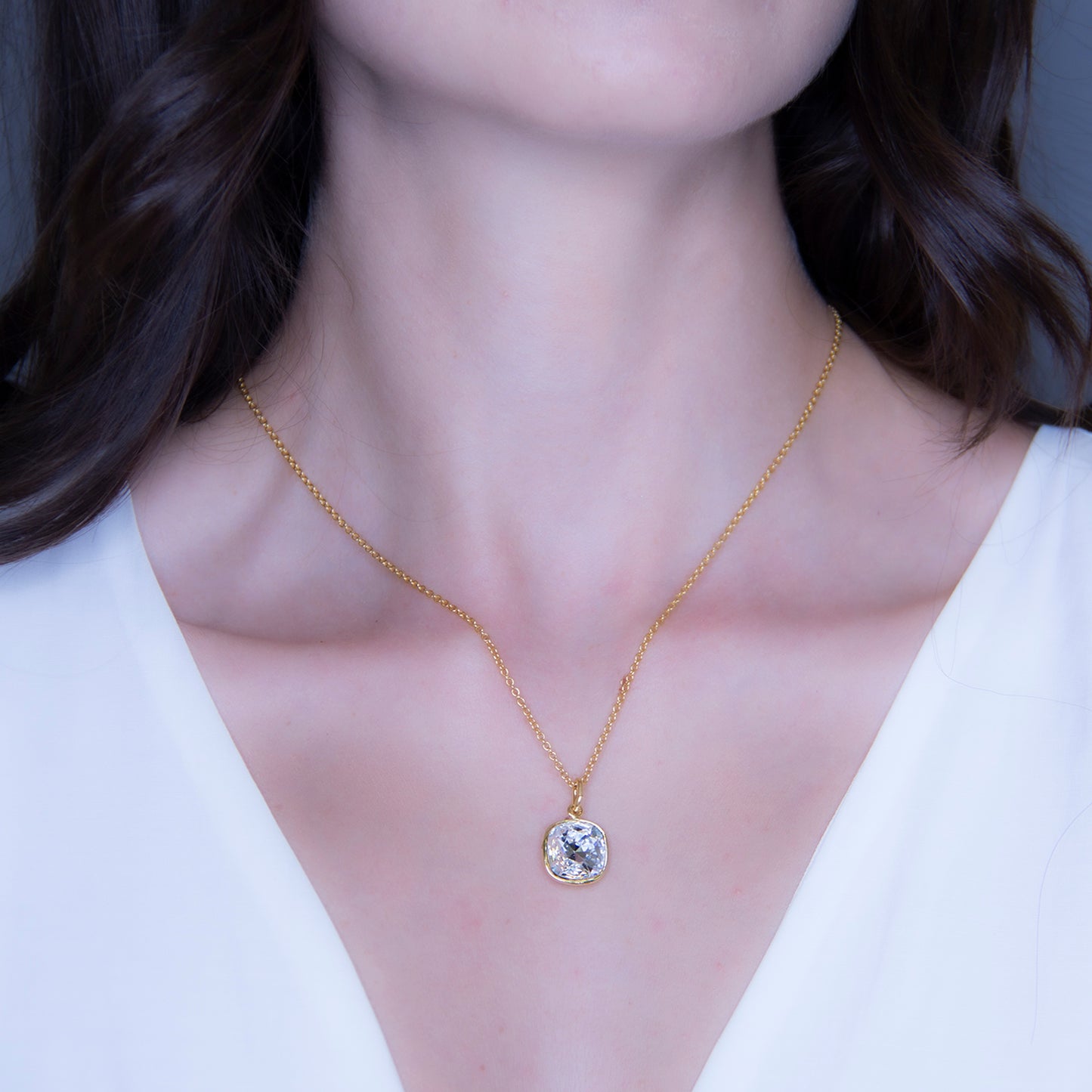 Collar Cuadrado Baño De Oro 14k | Cristal Europeo Blanco