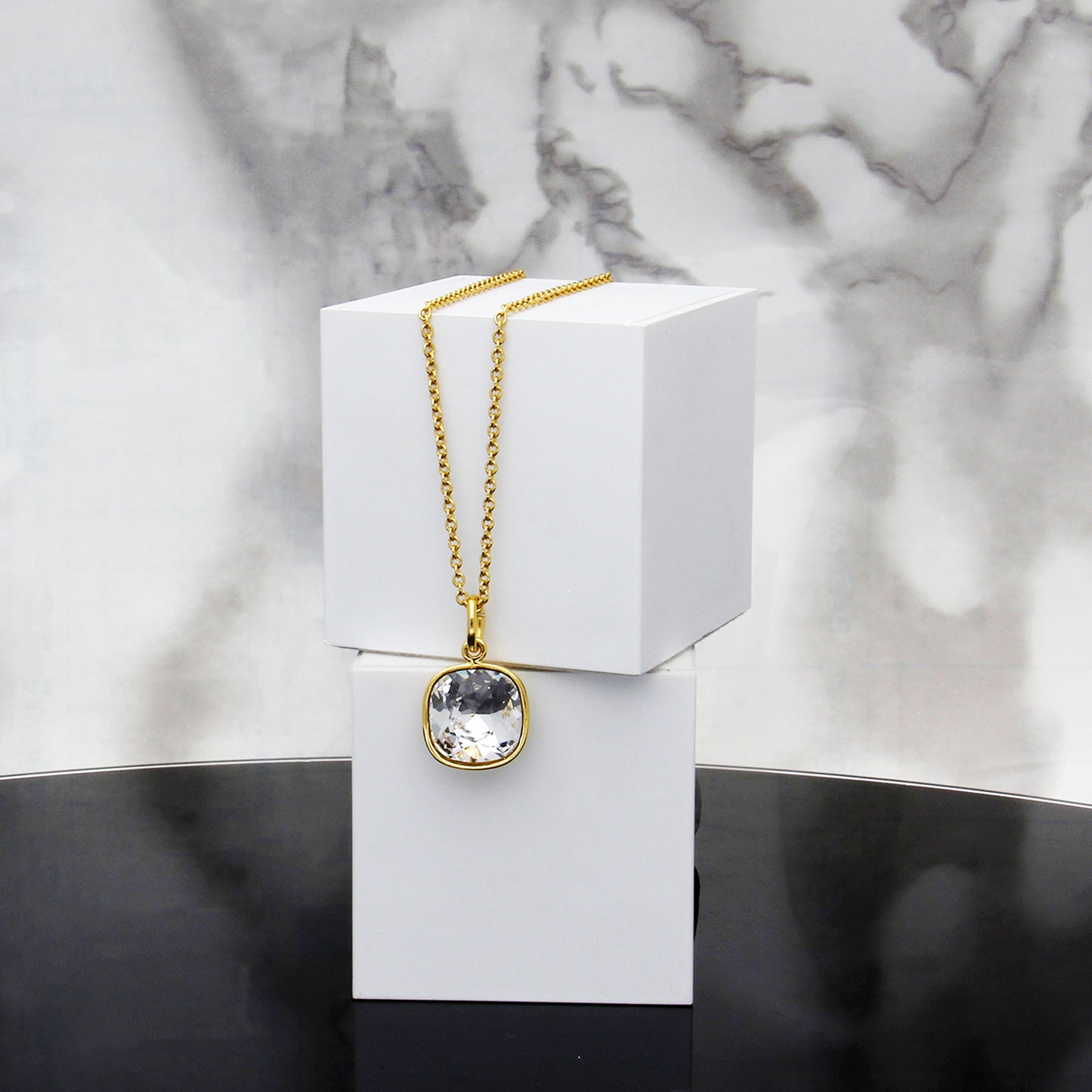 Collar Cuadrado Baño De Oro 14k | Cristal Europeo Blanco
