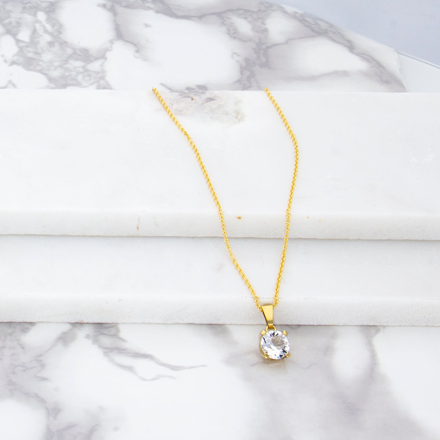 Collar Solitario Baño De Oro 14k | Cristal Europeo Blanco