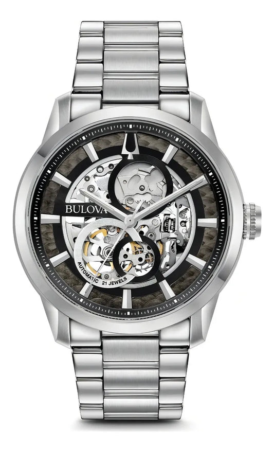 Reloj Bulova Sutton Skeleton Automático 96a208 Original Color De La Correa Plateado Color Del Bisel Plateado