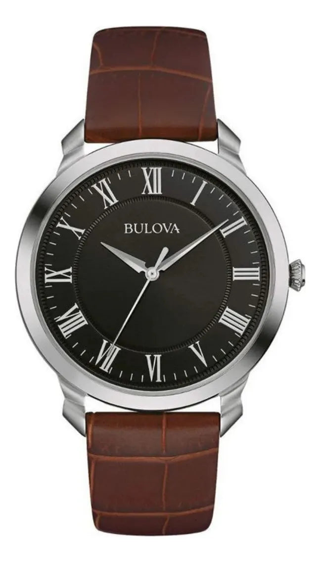 Reloj Bulova 96a221 Piel Café Original Hombre Correa Marrón Bisel Plateado Fondo Negro