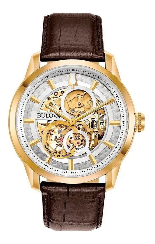 Reloj Bulova Sutton Skeleton Original Nuevo!! 97a138 Color De La Correa Café Color Del Bisel Dorado Color Del Fondo Blanco