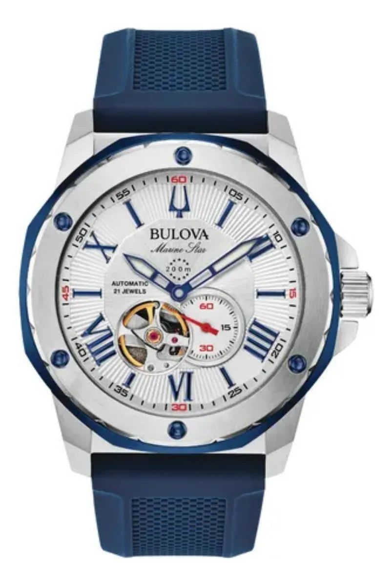 Reloj Bulova Para Caballero Modelo: 98a225 Azul/rojo Plateado Plateado