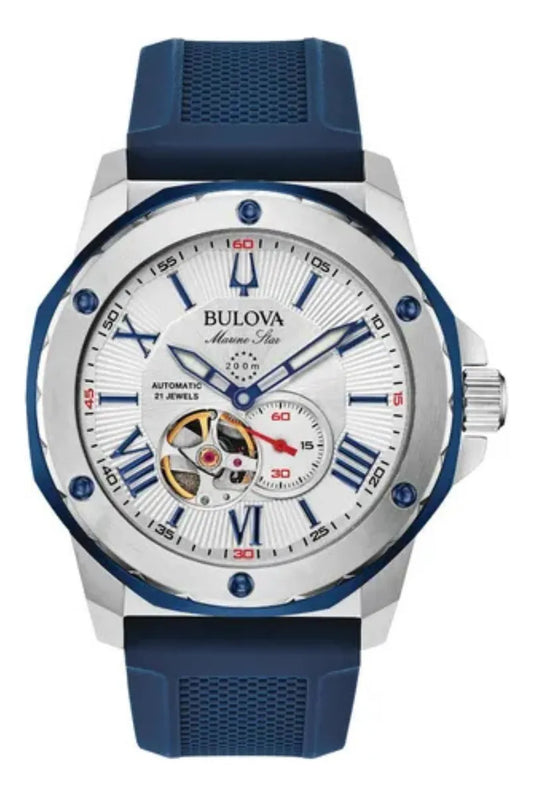 Reloj Bulova Para Caballero Modelo: 98a225 Azul/rojo Plateado Plateado