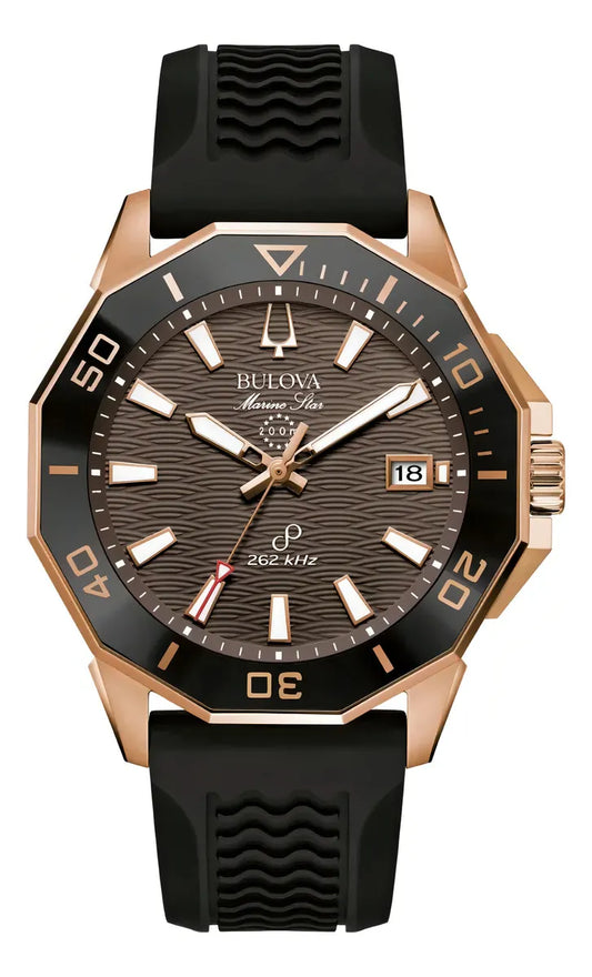 Reloj Bulova Marine Star 98b421 Hombre Correa Negro Bisel Negro Fondo Marrón Oscuro