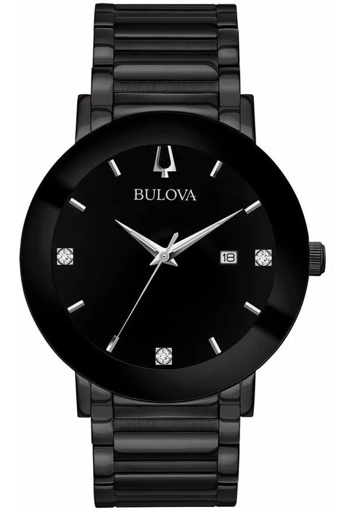 Reloj Bulova Diamond Con 3 Diamantes Original 98d144 Correa Negro Bisel Negro Fondo Negro