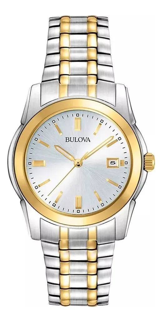 Reloj Bulova Cab Cuarzo 98h18 Caballero Original Correa Plateado / Pvd Dorado Bisel Dorado Fondo Plateado