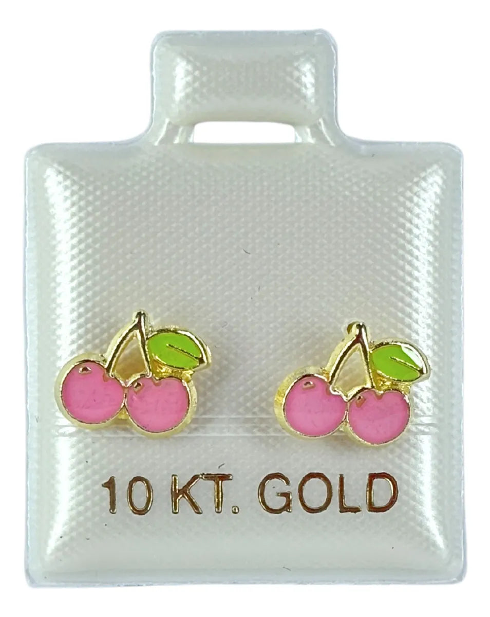 Broqueles De Cereza Rosa En Oro 10k - Aretes Delicados