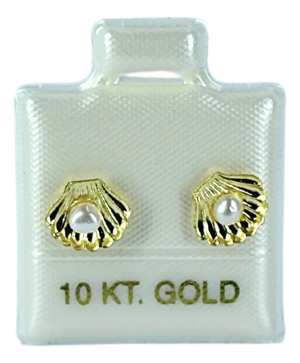 Oro 10k Broqueles De Concha Marina Con Perla
