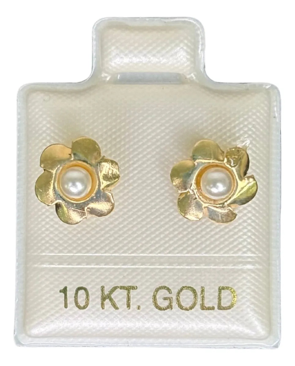 Broqueles De Oro 10k En Forma De Flor Con Perla -