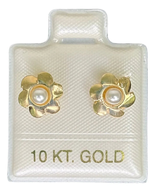 Broqueles De Oro 10k En Forma De Flor Con Perla -